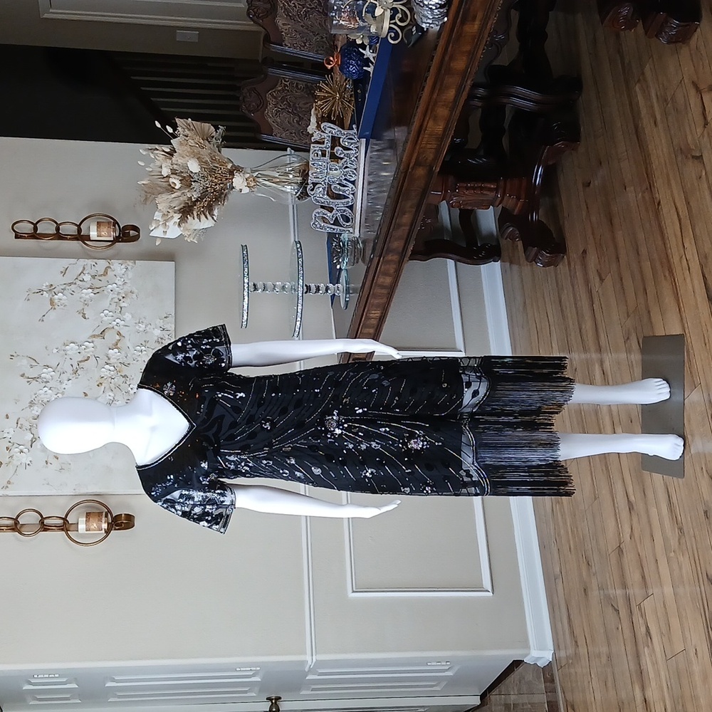 New Black Beaded Gatsby Flapper Cocktail V-neck Dress By Yessa. Size L - Picture 5 of 17